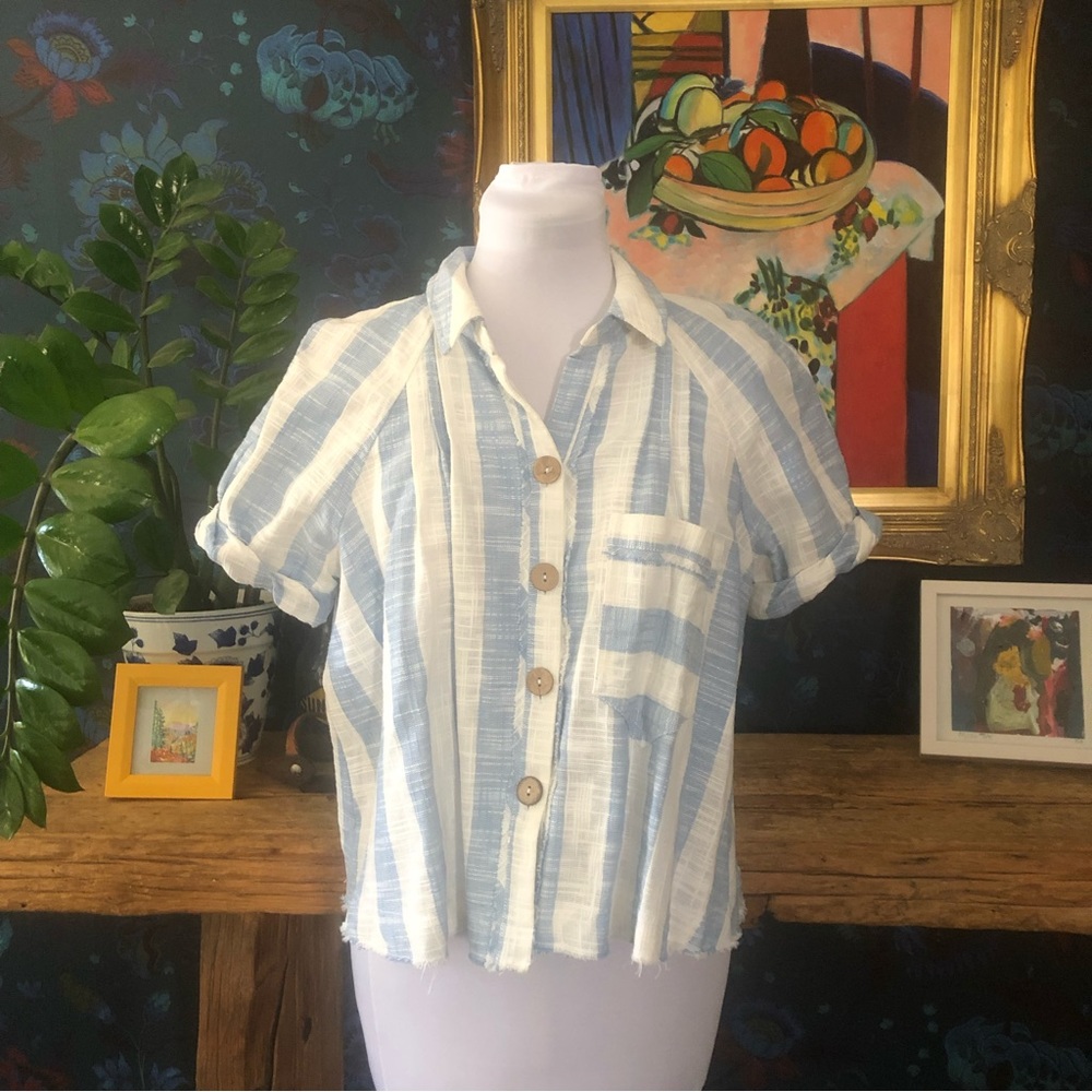 we the FREE PEOPLE button down COTTON LINEN stripe top SIZE MEDIUM